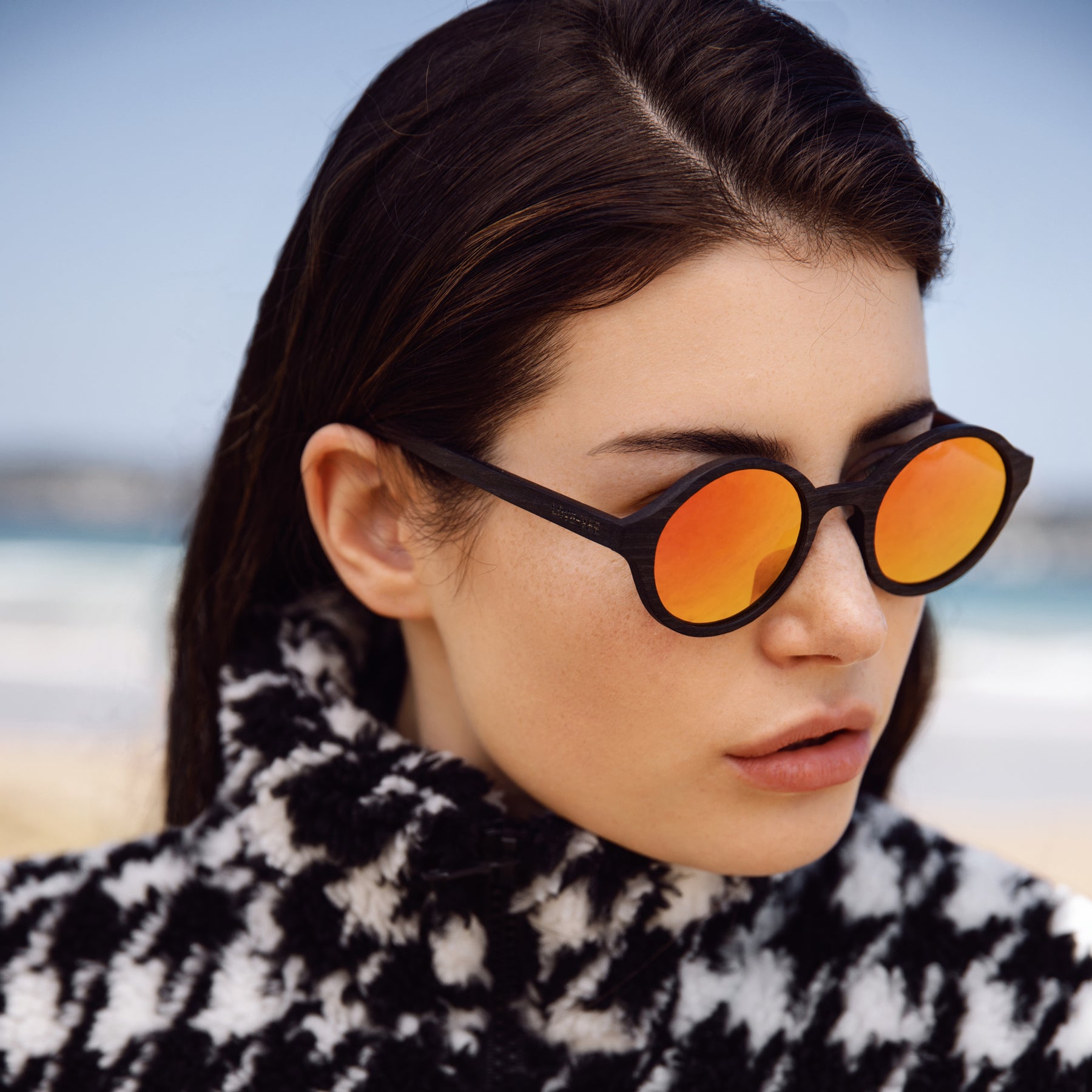 Dark Wood Round Sunglasses With Red & Yellow Mirror Lenses