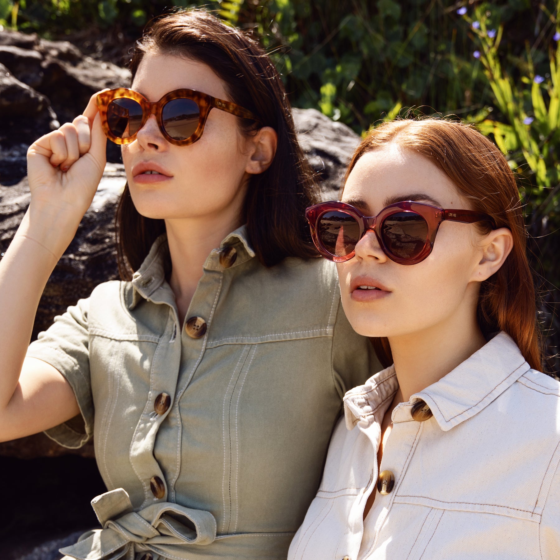 Plant-Based Acetate Burgundy Round Sunglasses Styled With Safari Outfit