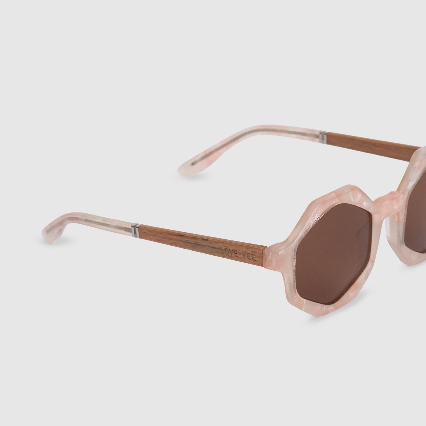 Athena | Bio-Acetate & Wood Pearl Pink Hexagonal Sunglasses Detail
