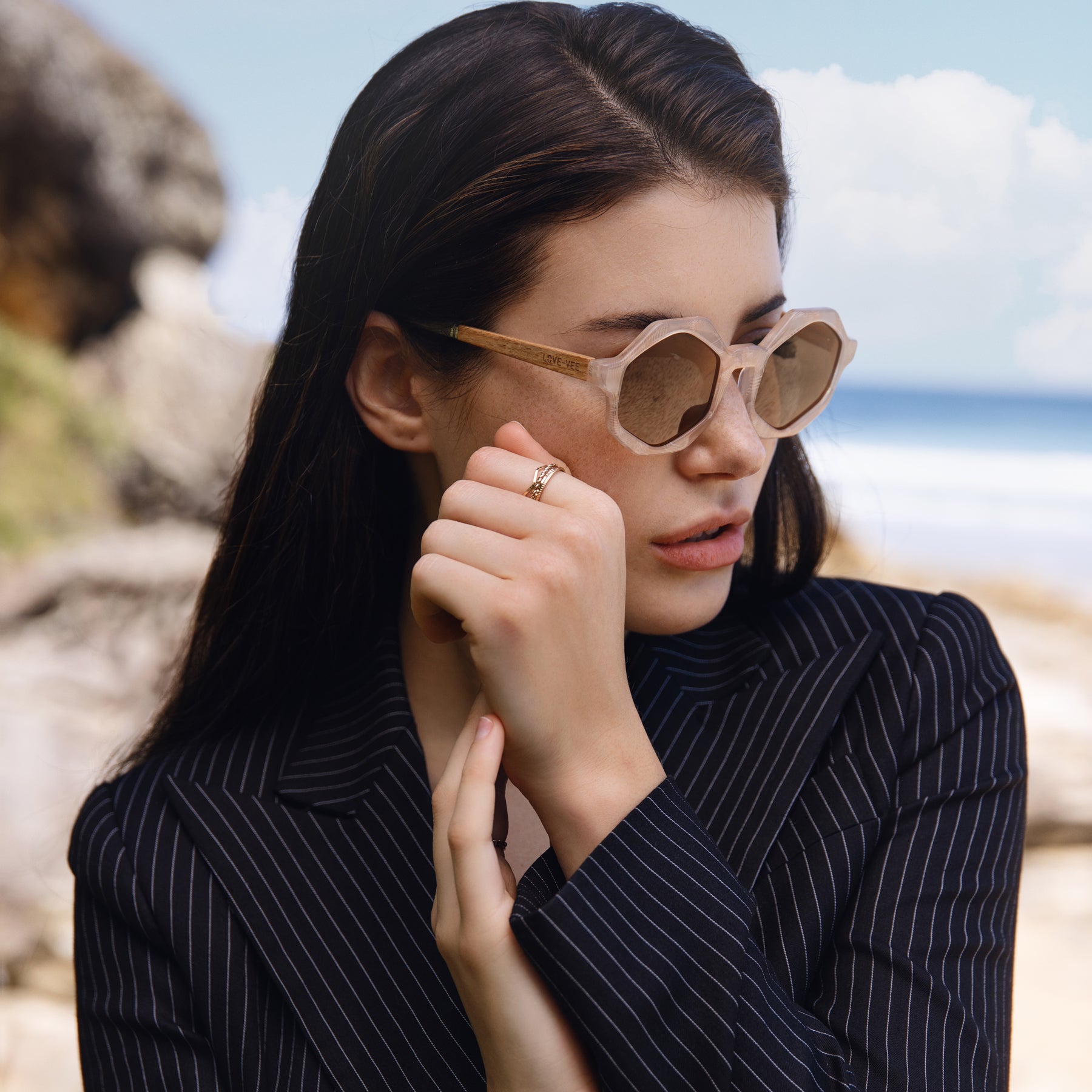 Plant-Based & Wood Pearl Pink Hexagonal Sunglasses Beach On Sunny Day
