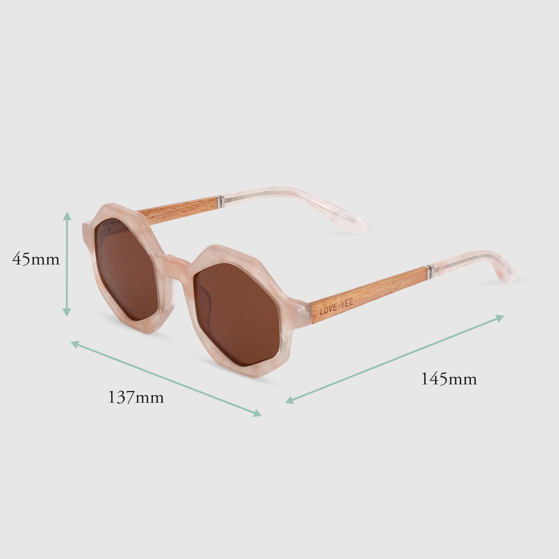 Athena | Plant-Based & Wood Pearl Pink Hexagonal Sunglasses Measurements